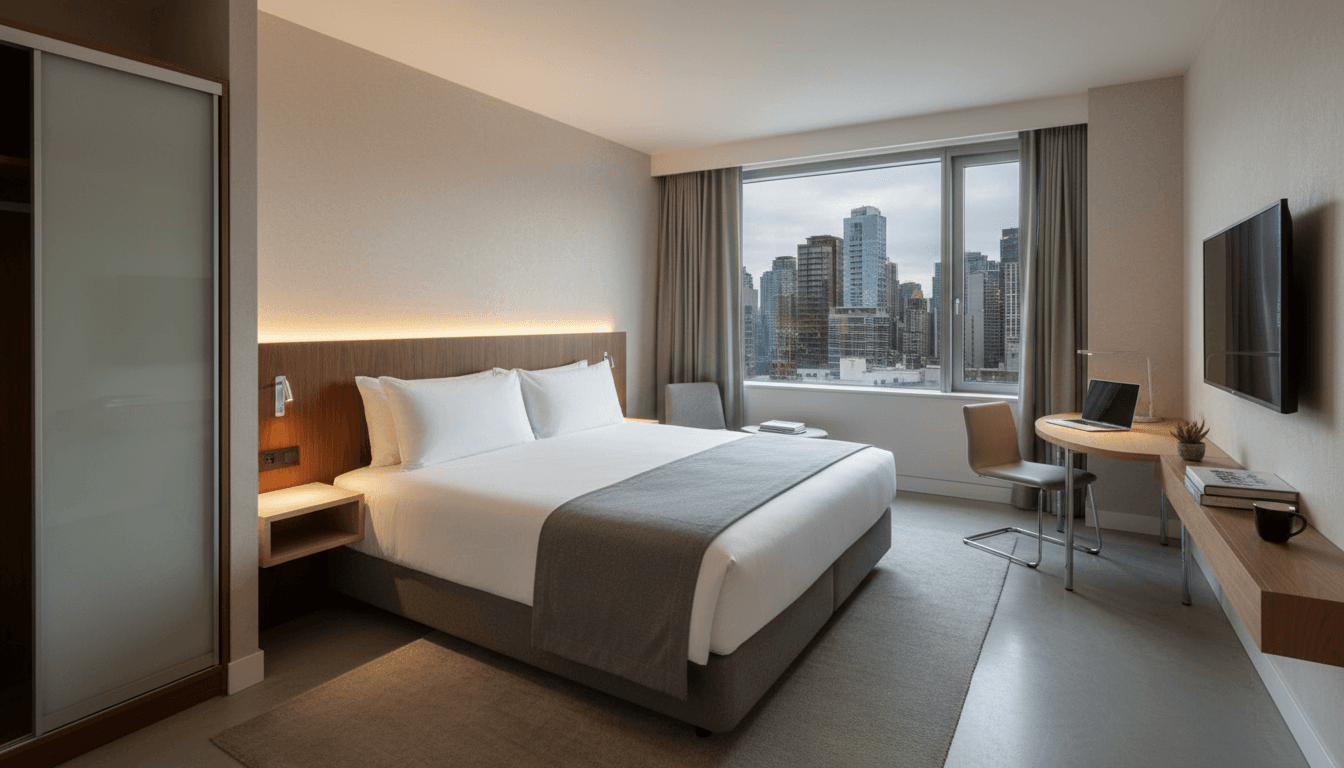 Chambre d'hôtel propre avec lit fait et bureau rangé