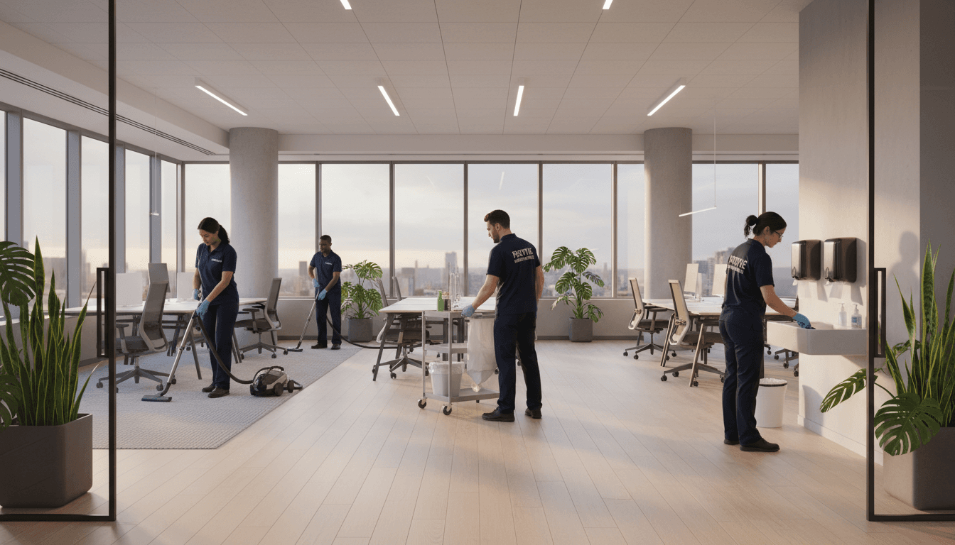 Professional cleaning team with equipment in a bright modern office