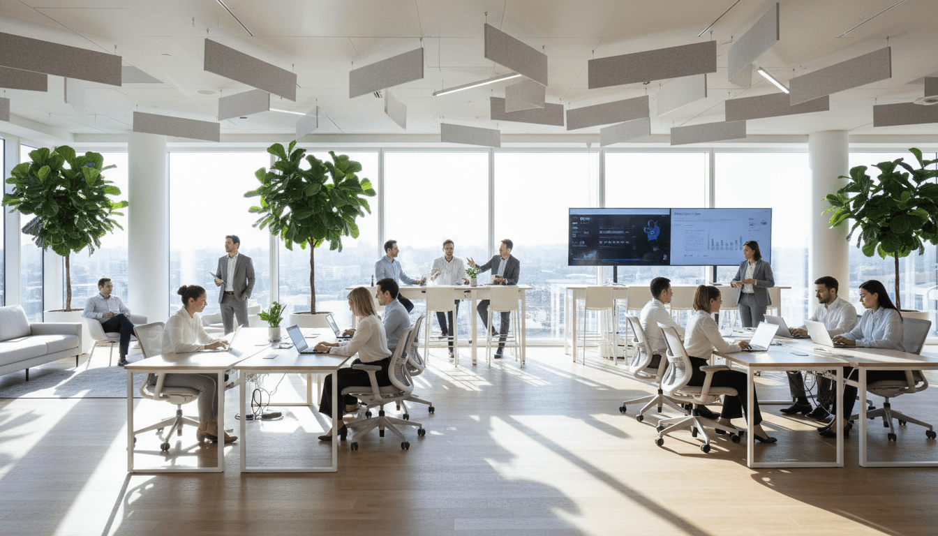 Équipe de nettoyage professionnelle dans un bureau clair et moderne